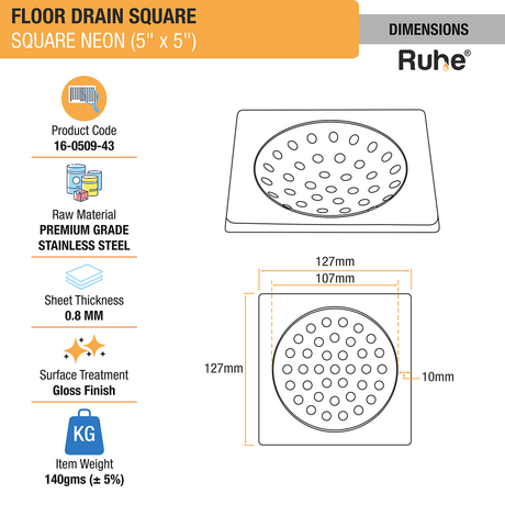 Neon Square Floor Drain (5 x 5 Inches) dimensions and size