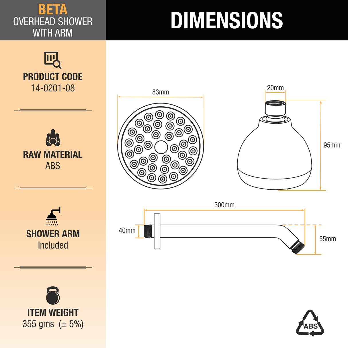 Beta Overhead Shower (3 Inches) with Shower Arm (12 Inches) dimensions and size