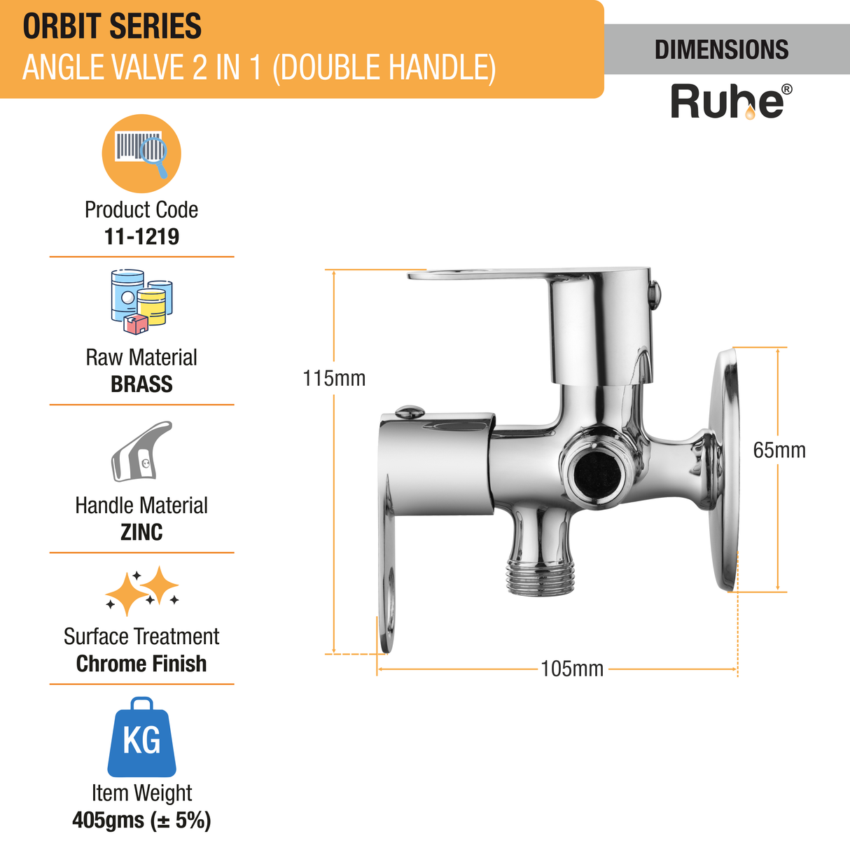 Orbit Two Way Angle Valve Brass Faucet (Double Handle) dimensions and size