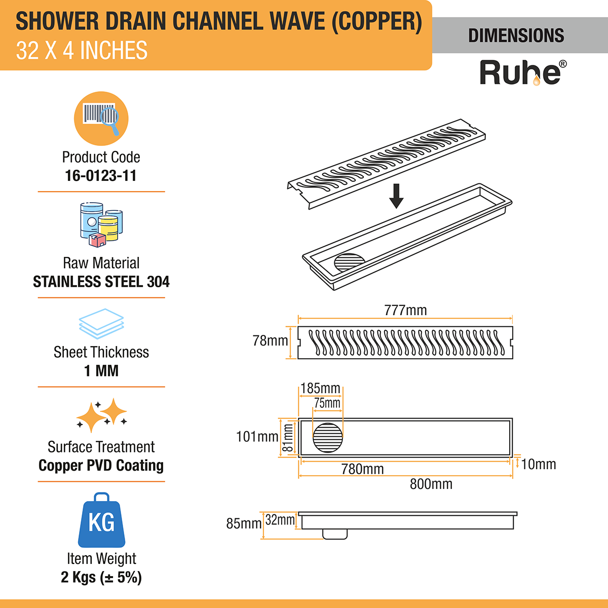 Wave Shower Drain Channel (32 x 4 Inches) ROSE GOLD/ANTIQUE COPPER dimensions and size