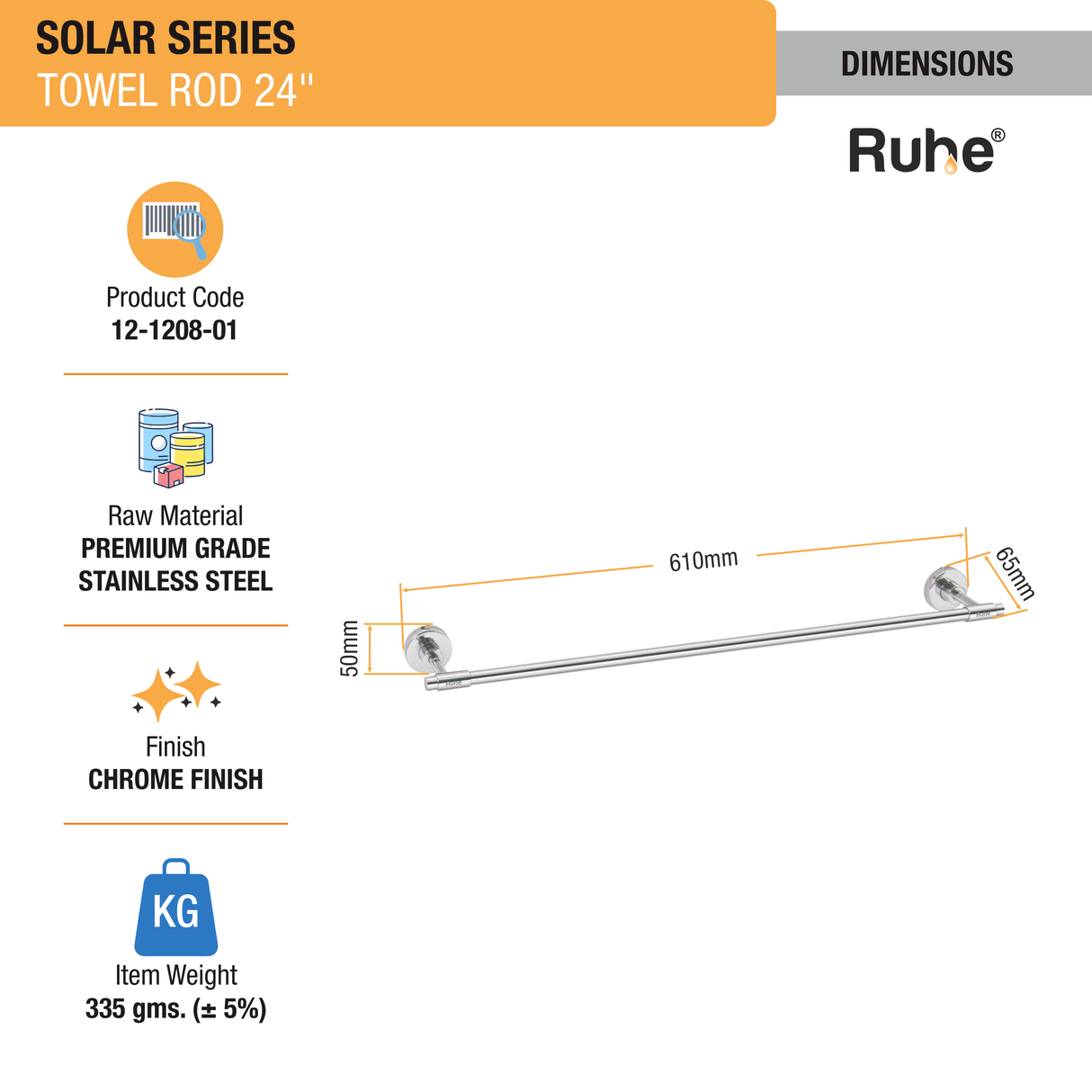 Solar Stainless Steel Towel Rod (24 Inches) - by Ruhe®