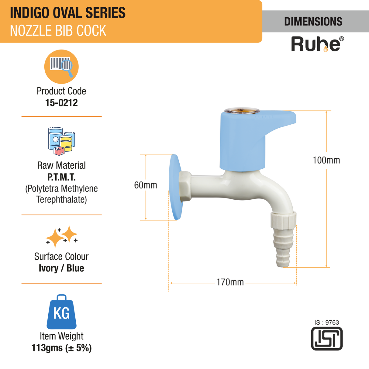 Indigo Oval PTMT Nozzle Bib Cock Faucet dimensions and size