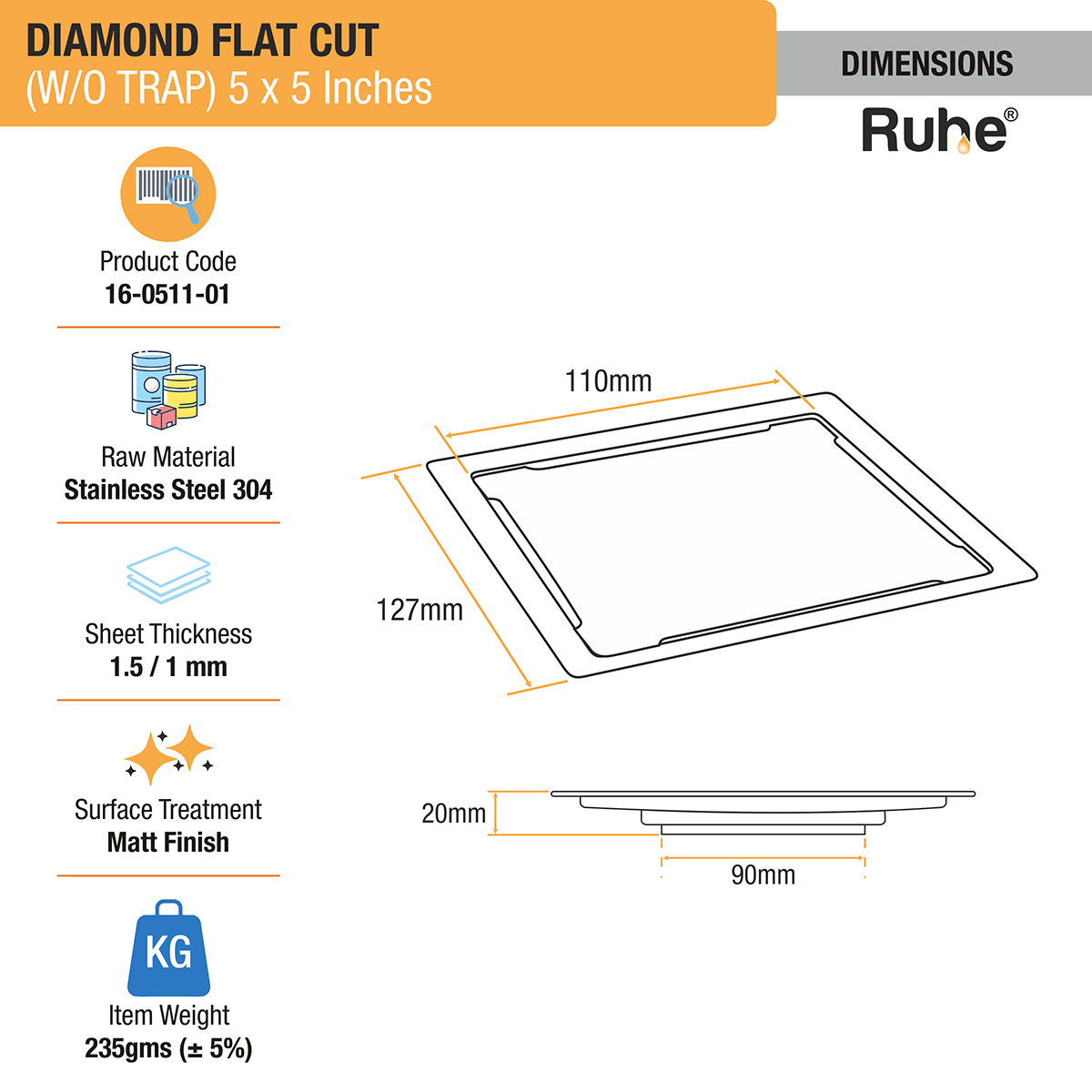 Diamond Square Flat Cut 304-Grade Floor Drain (5 x 5 Inches) - by Ruhe