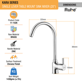 Kara Single Lever Table Mount Sink Mixer Brass Faucet with Round Swivel Spout dimensions and sizes