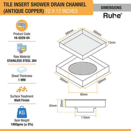 Tile Insert Shower Drain Channel (12 x 12 Inches) ROSE GOLD PVD Coated dimensions and sizes