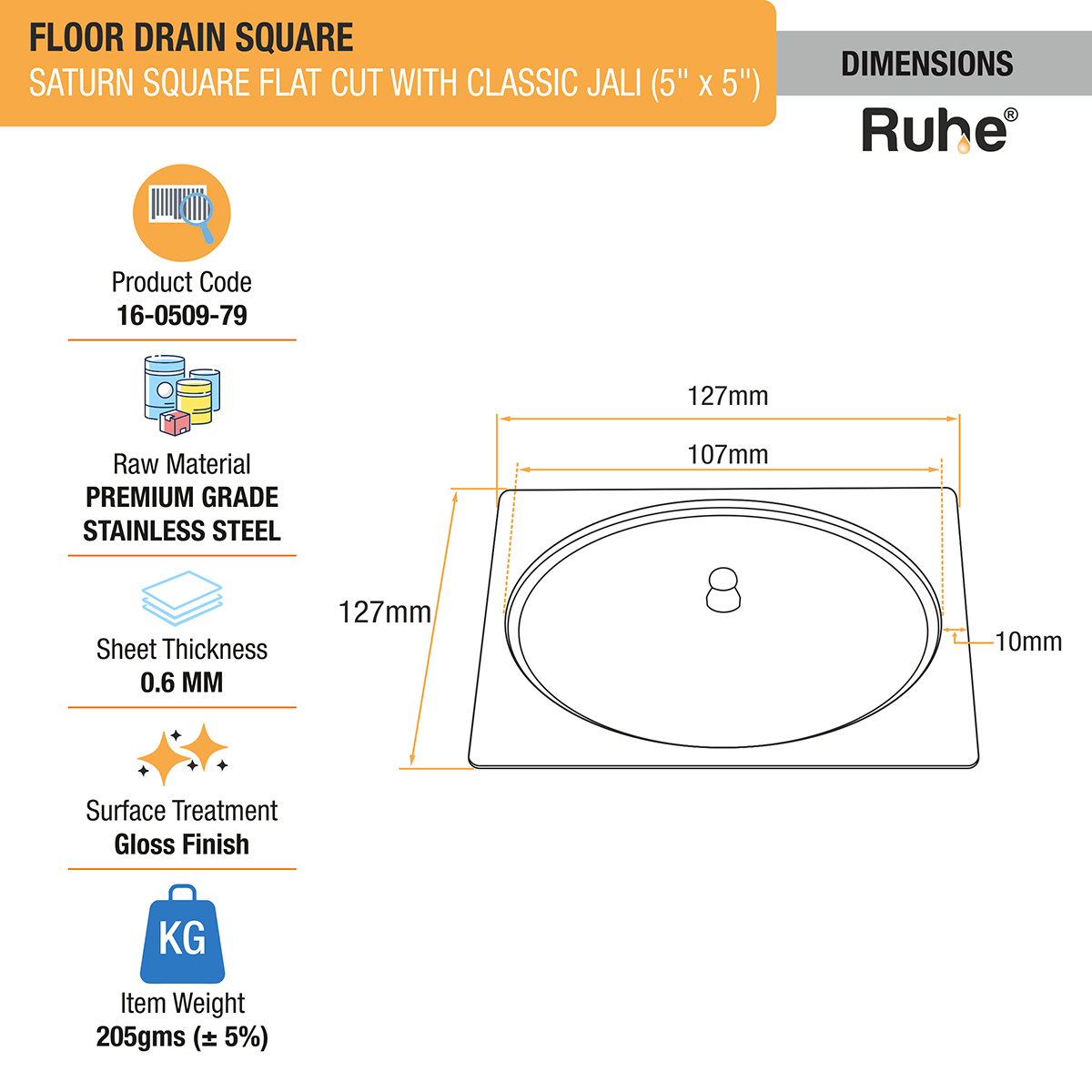 Saturn Classic Jali Square Flat Cut Floor Drain (5 x 5 Inches) with Lid - by Ruhe®