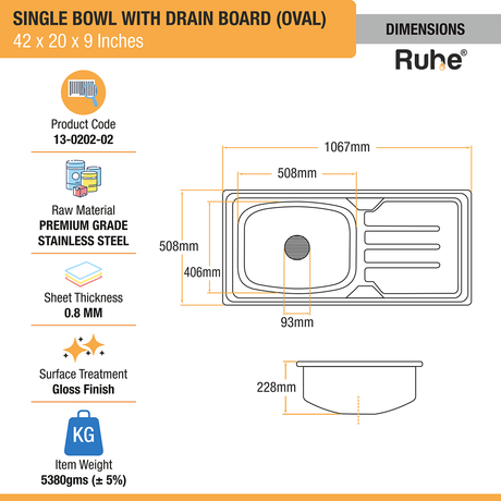 Oval Single Bowl (42 x 20 x 9 inches) Premium Stainless Steel Kitchen Sink with Drainboard dimensions and sizes