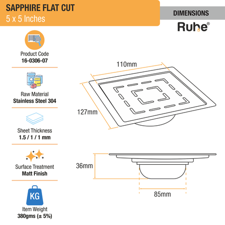 Sapphire Floor Drain Square Flat Cut (5 x 5 Inches) with Cockroach Trap (304 Grade) dimensions and size