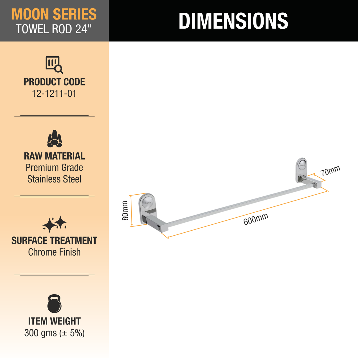 Moon Stainless Steel Towel Rod 24 Inches by Ruhe Ruhe