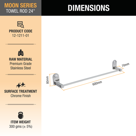 Moon Stainless Steel Towel Rod (24 Inches) dimensions and size
