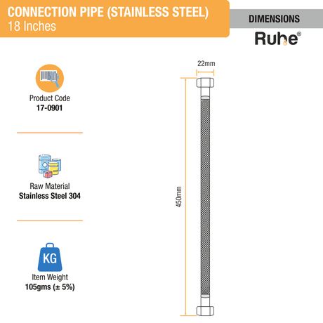 Geyser Connection Pipe SS (18 Inches) (304 Grade) (Pack of 2) dimensions and size