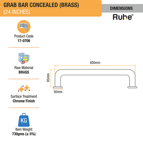 Brass Grab Bar Concealed (24 inches) dimensions and sizes