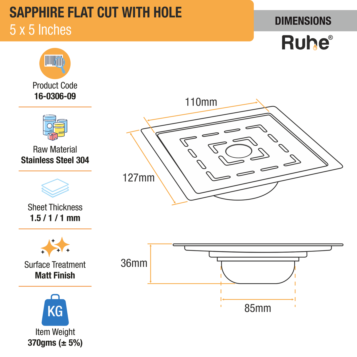 Sapphire Square Flat Cut 304-Grade Floor Drain with Hole & Cockroach Trap (5 x 5 Inches) - by Ruhe