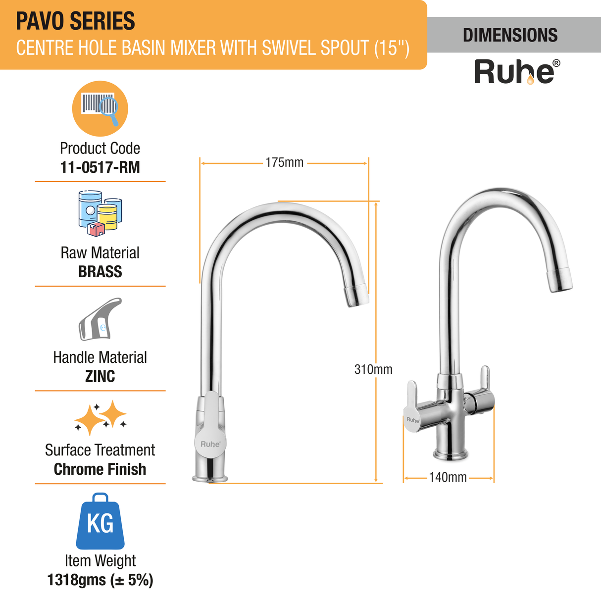 Pavo Centre Hole Basin Mixer with Medium (15 inches) Round Swivel Spout Faucet sizes
