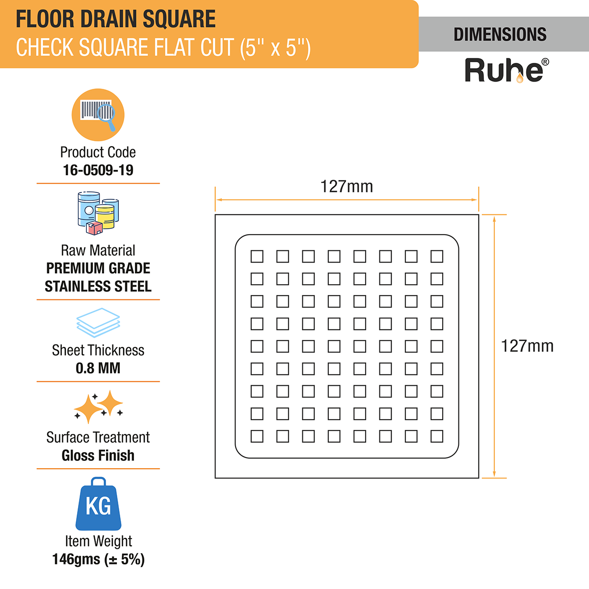 Check Floor Drain Square Flat Cut (5 x 5 Inches) dimensions and size