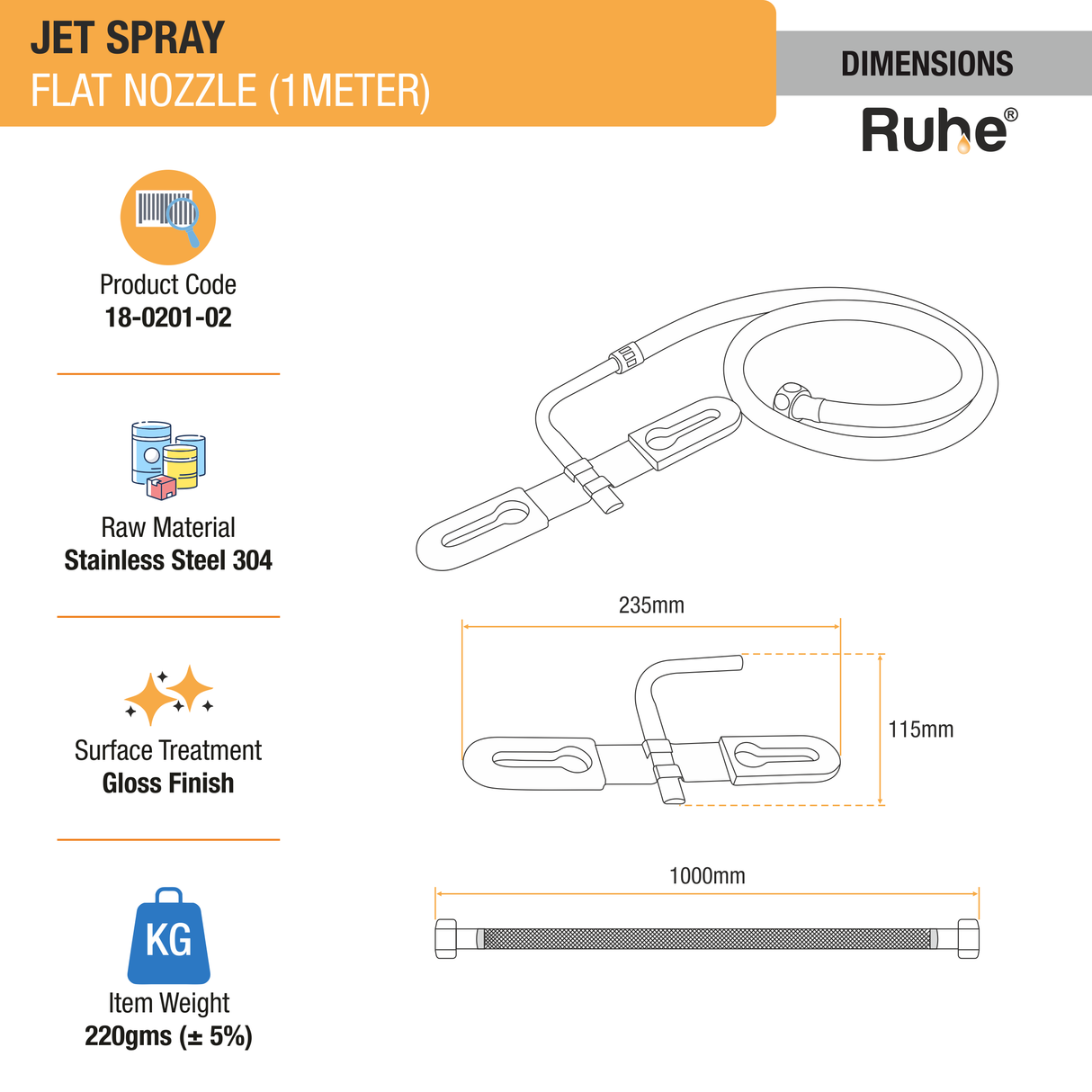 Jet Spray Flat Nozzle (1 Meter) (304 Grade) dimensions and size