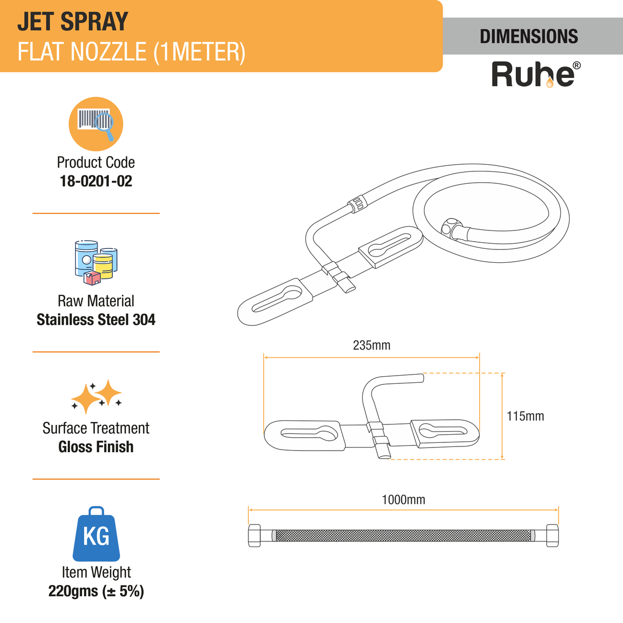 Jet Spray 304-Grade Flat Nozzle with 1 Meter Tube - by Ruhe®