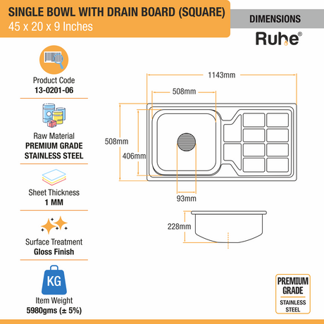 Square Single Bowl (45 x 20 x 9 Inches) Premium Stainless Steel Kitchen Sink with Drainboard dimensions and sizes