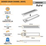 Wave Shower Drain Channel (18 X 5 Inches) with Cockroach Trap (304 Grade) dimensions and size