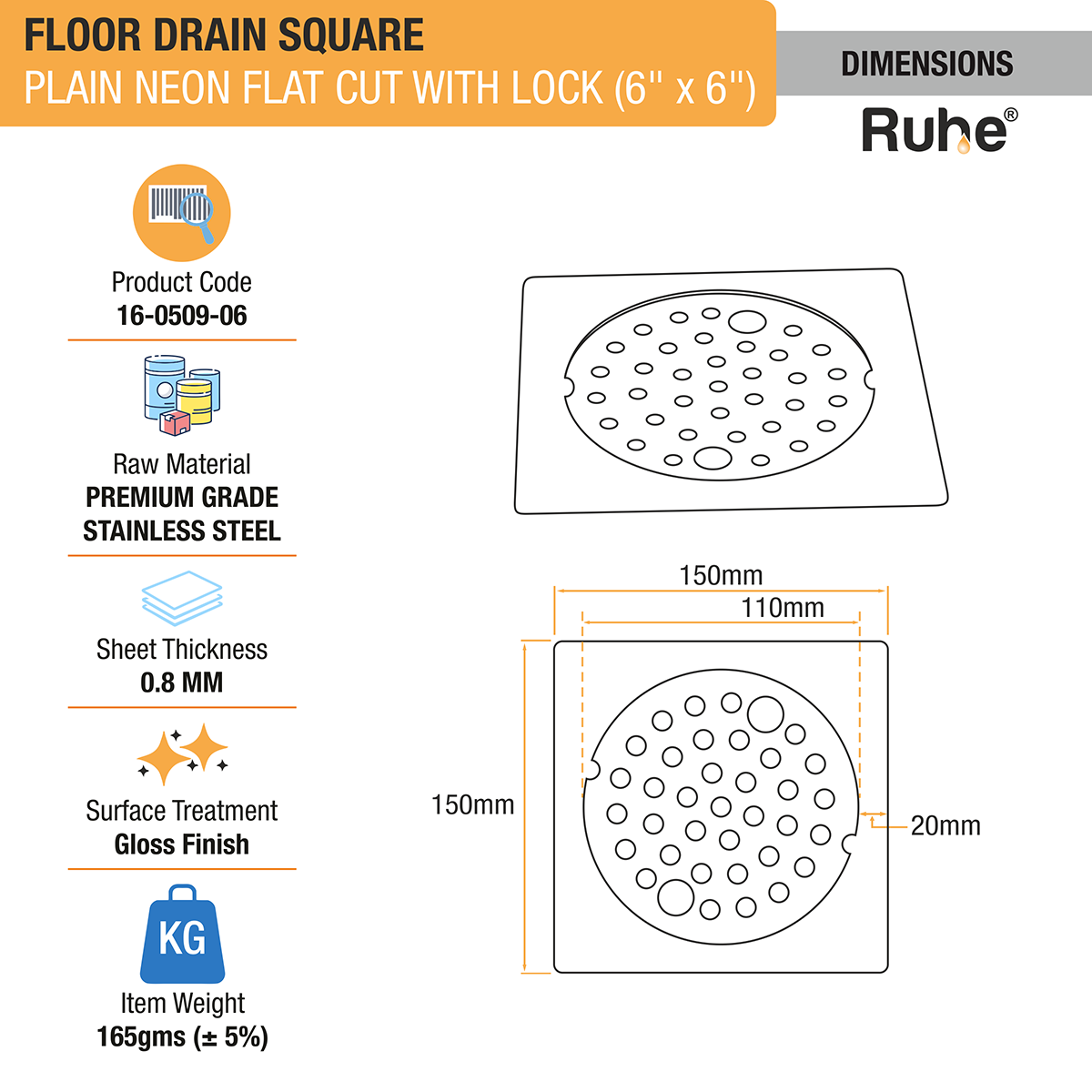 Plain Neon Square Flat Cut Floor Drain (6 x 6 inches) with Lock - by Ruhe®