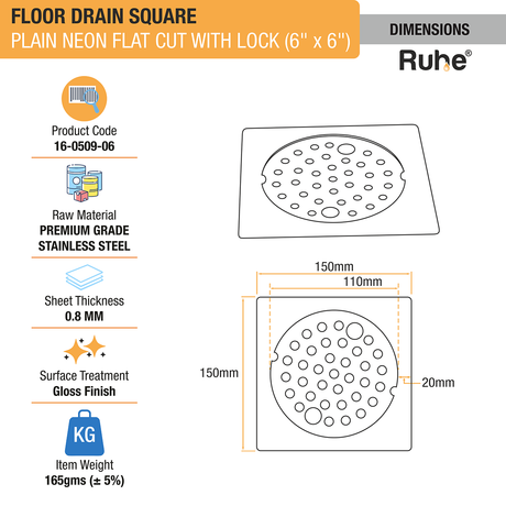 Plain Neon Square Flat Cut Floor Drain (6 x 6 inches) with Lock dimensions and size