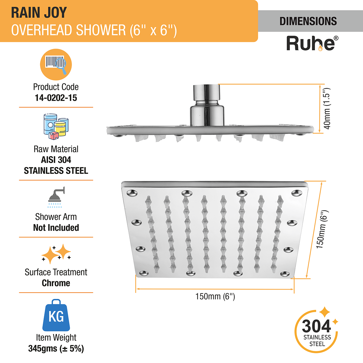 Rain Joy 304-Grade Overhead Shower (6 x 6 inches) - by Ruhe