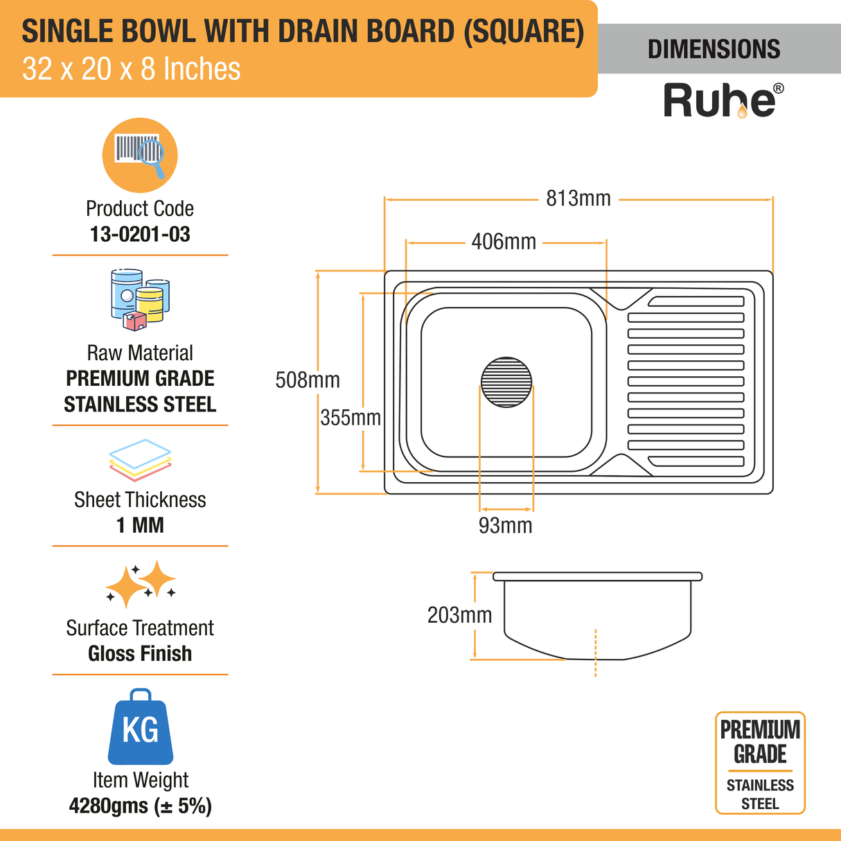 Square Single Bowl (32 x 20 x 8 inches) Kitchen Sink with Drainboard dimensions and size