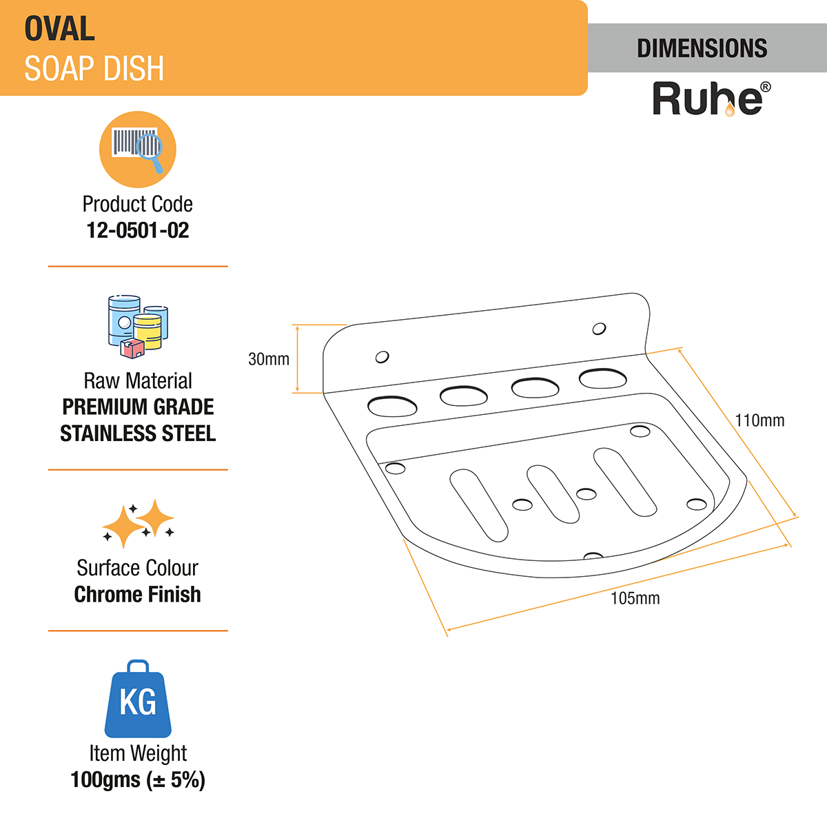 Oval Stainless Steel Soap Dish dimensions and size