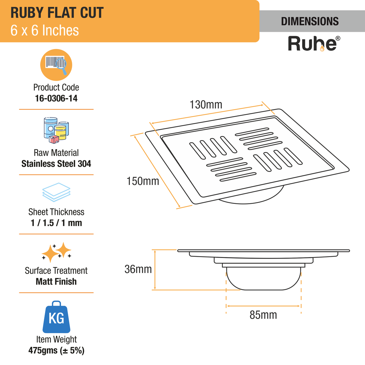 Ruby Square Flat Cut 304-Grade Floor Drain with Cockroach Trap (6 x 6 Inches) - by Ruhe®