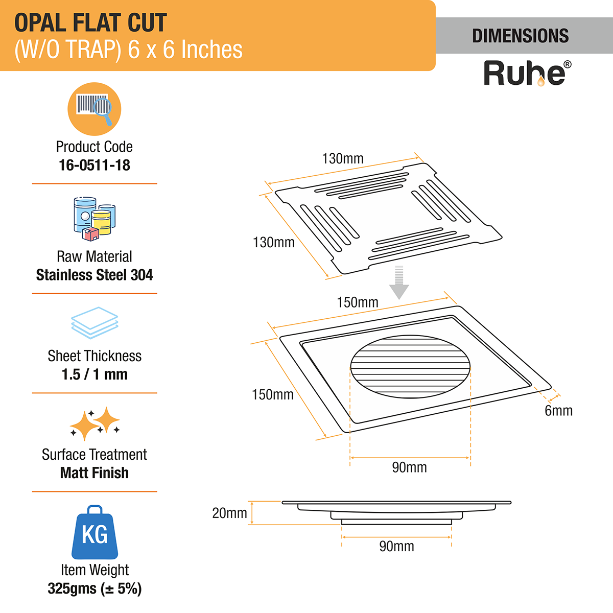 Opal Square Flat Cut 304-Grade Floor Drain (6 x 6 Inches) dimensions and sizes