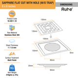 Sapphire Square Flat Cut 304-Grade Floor Drain with Hole (6 x 6 Inches) dimensions and sizes