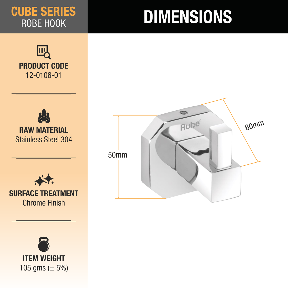 Cube Stainless Steel Robe Hook (304 Grade) - by Ruhe®