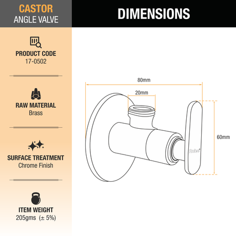 Castor Angle Valve dimensions and sizes