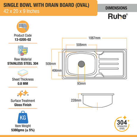 Oval Single Bowl (42 x 20 x 9 inches) 304-Grade Stainless Steel Kitchen Sink with Drainboard dimensions and sizes