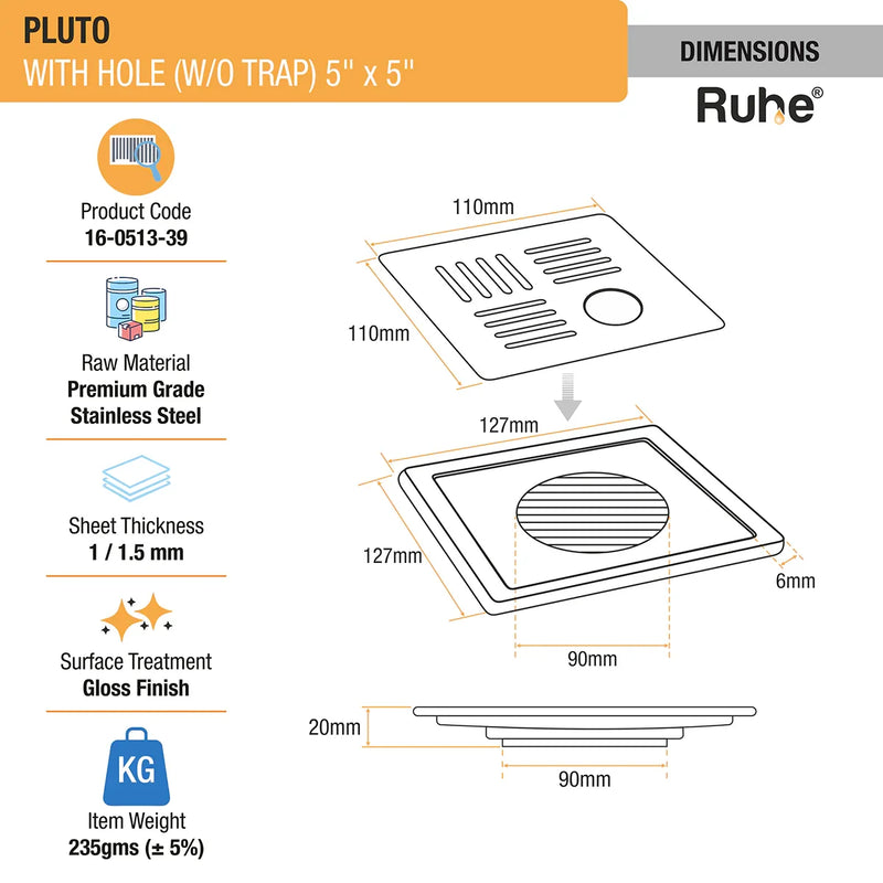 Pluto Square Premium Floor Drain (5 x 5 Inches) with Hole - by Ruhe