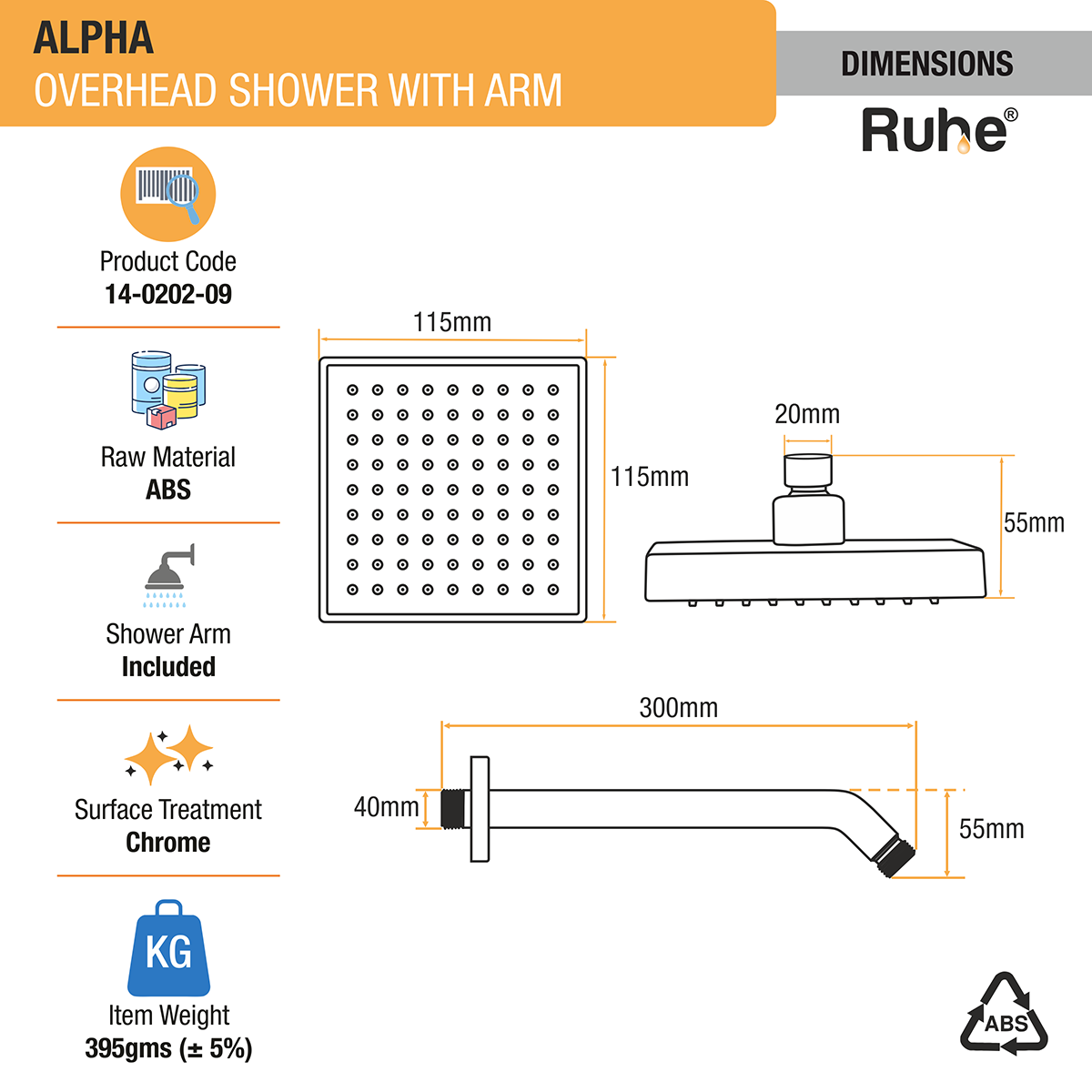 Alpha Overhead Shower (4.5 x 4.5 Inches) with Shower Arm (12 Inches) dimensions and size