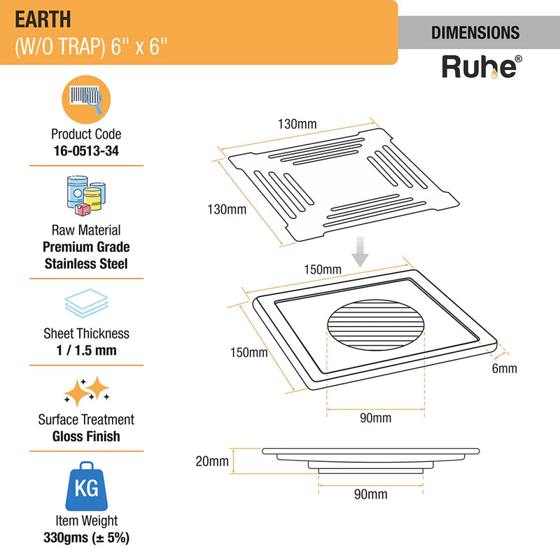 Earth Square Premium Floor Drain (6 x 6 Inches) - by Ruhe
