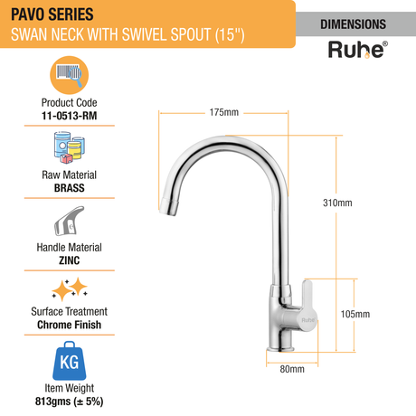Pavo Swan Neck with Medium (15 inches) Round Swivel Spout Faucet sizes