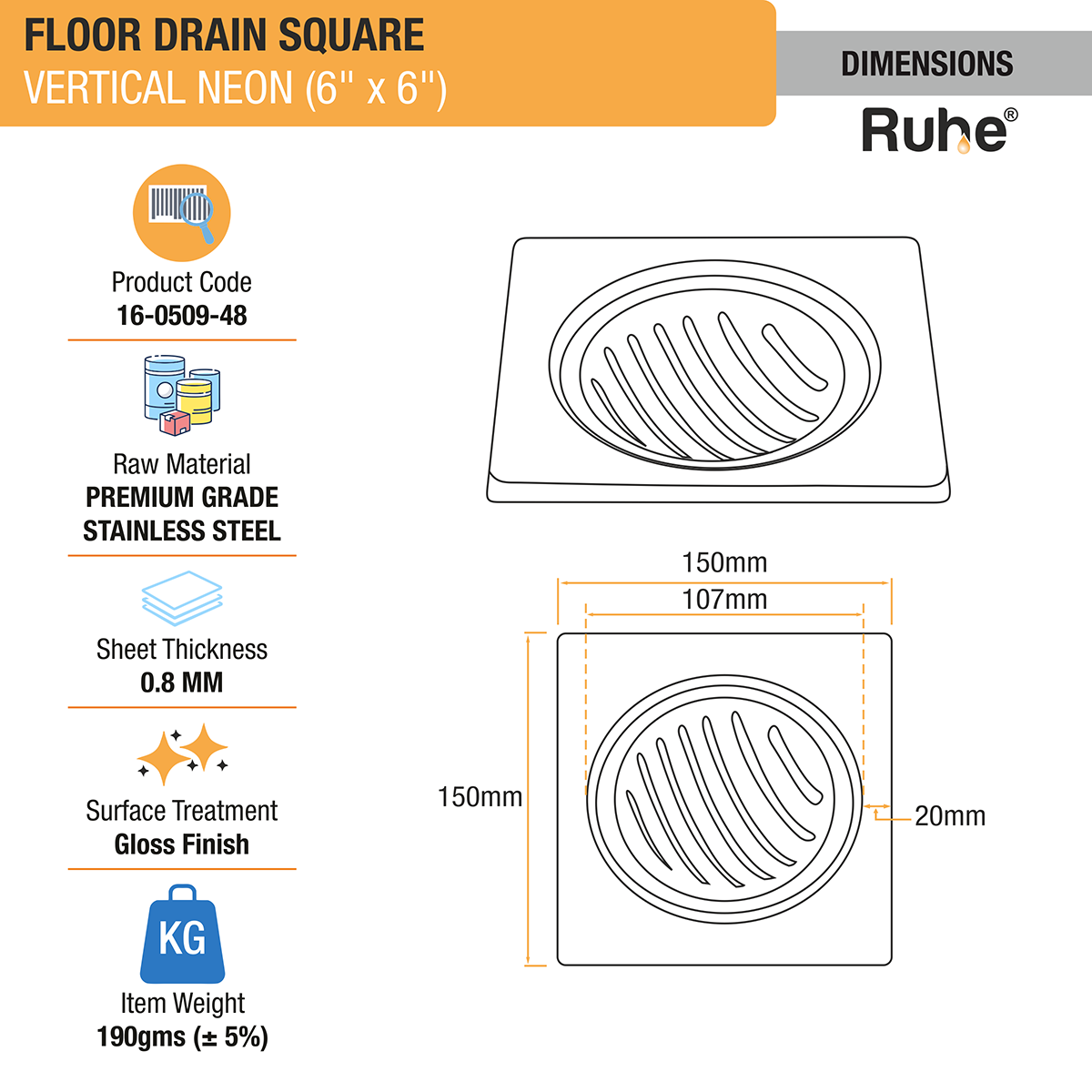 Vertical Neon Square Floor Drain (6 x 6 inches)- by Ruhe ®