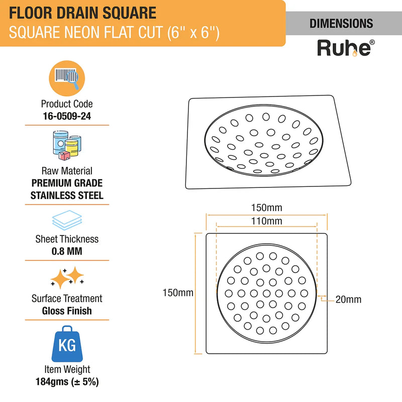 Square Neon Floor Drain Flat Cut (6 x 6 inches) - by Ruhe