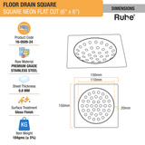 Square Neon Floor Drain Flat Cut (6 x 6 inches) dimensions and size