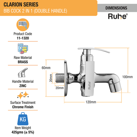 Clarion Two Way Bib Tap Brass Faucet (Double Handle) dimensions and size