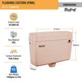 Pink Flushing Cistern (9 Ltr) dimensions and size