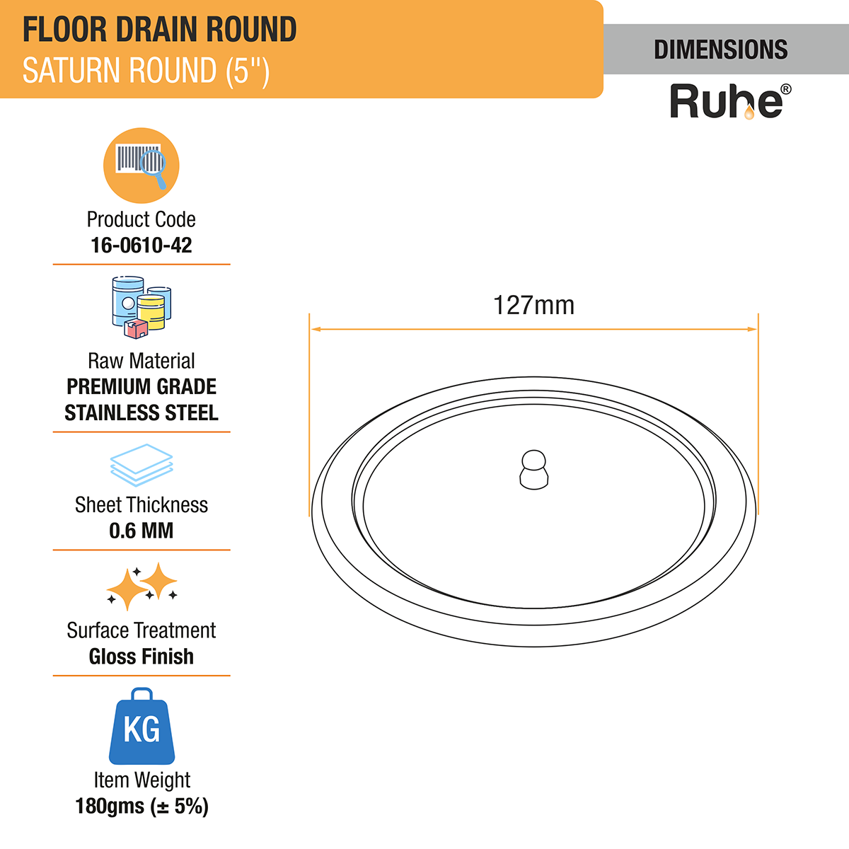 Saturn Round Floor Drain (5 Inches) with Lid - by Ruhe®