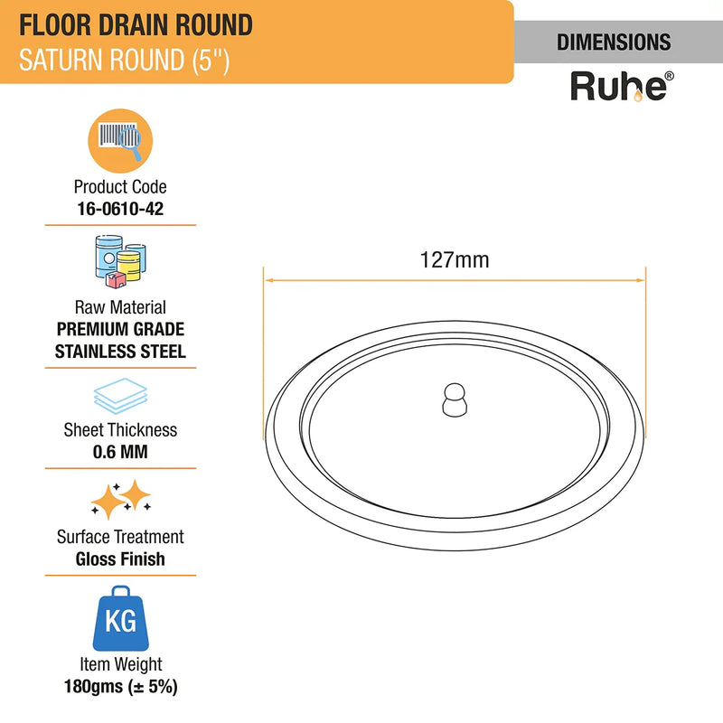 Saturn Round Floor Drain (5 Inches) with Lid - by Ruhe
