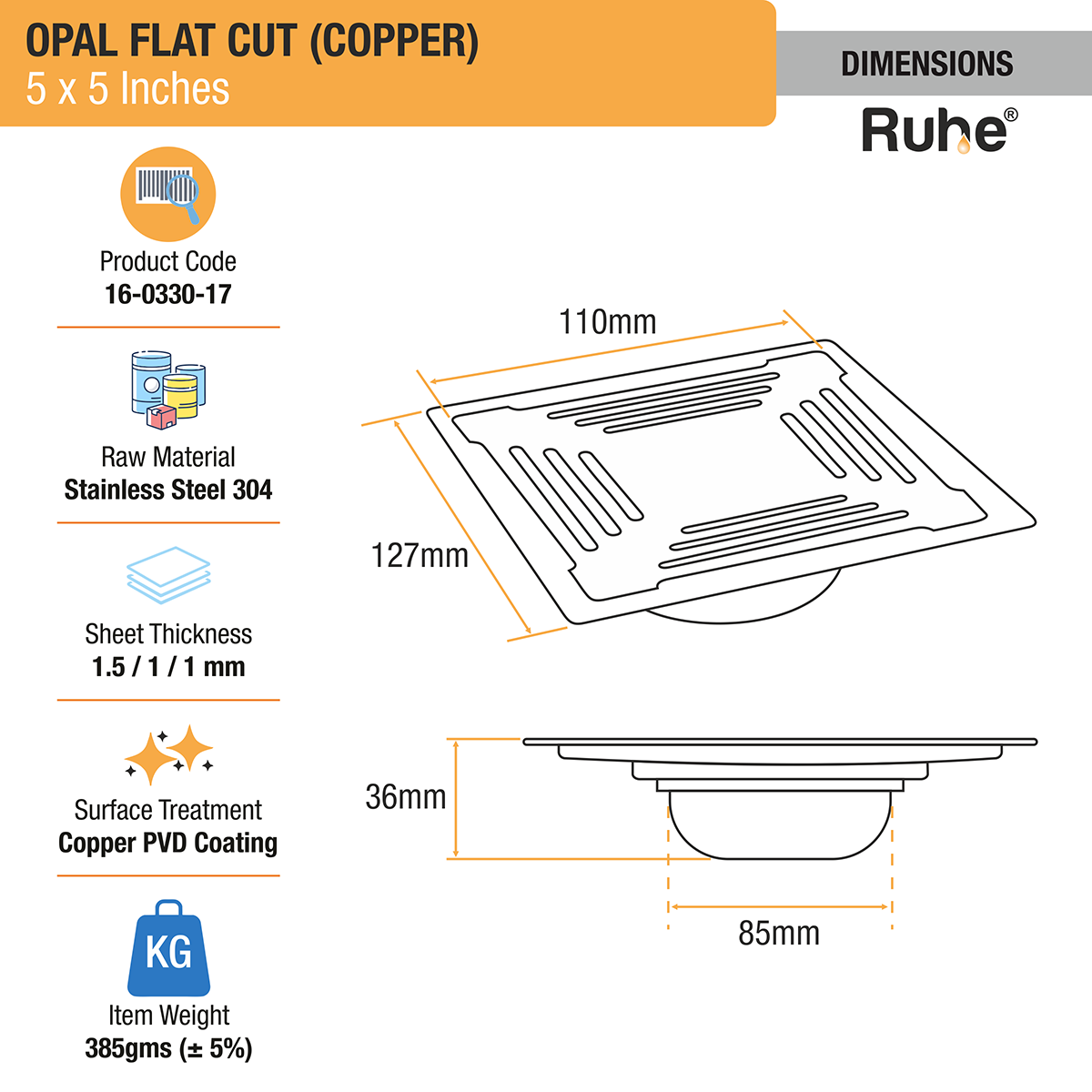 Opal Square Flat Cut Floor Drain in Antique Copper PVD Coating (5 x 5 Inches) - by Ruhe®