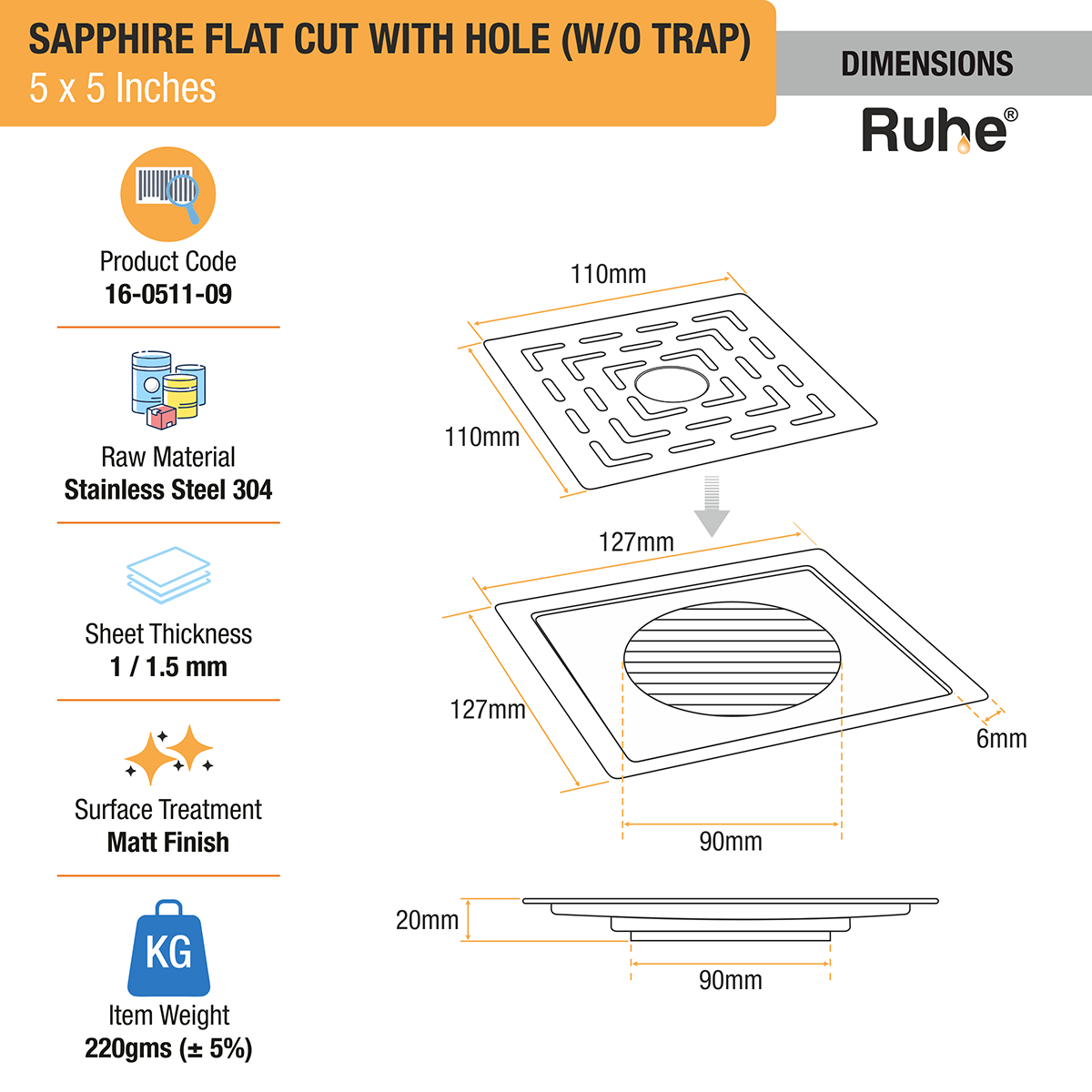 Sapphire Square Flat Cut 304-Grade Floor Drain with Hole (5 x 5 Inches) dimensions and sizes