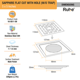 Sapphire Square Flat Cut 304-Grade Floor Drain with Hole (5 x 5 Inches) dimensions and sizes
