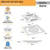 Opal Square Flat Cut 304-Grade Floor Drain with Hole (6 x 6 Inches) dimensions and sizes