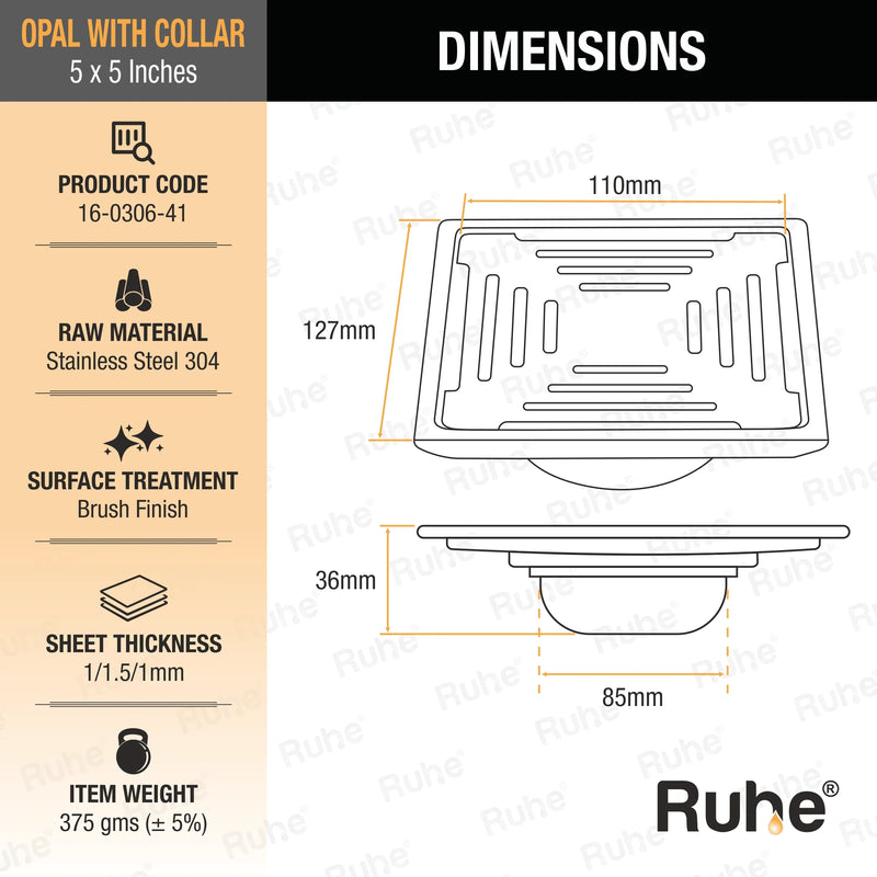 Opal Square 304-Grade Floor Drain with Collar & Cockroach Trap (5 x 5 Inches) - by Ruhe